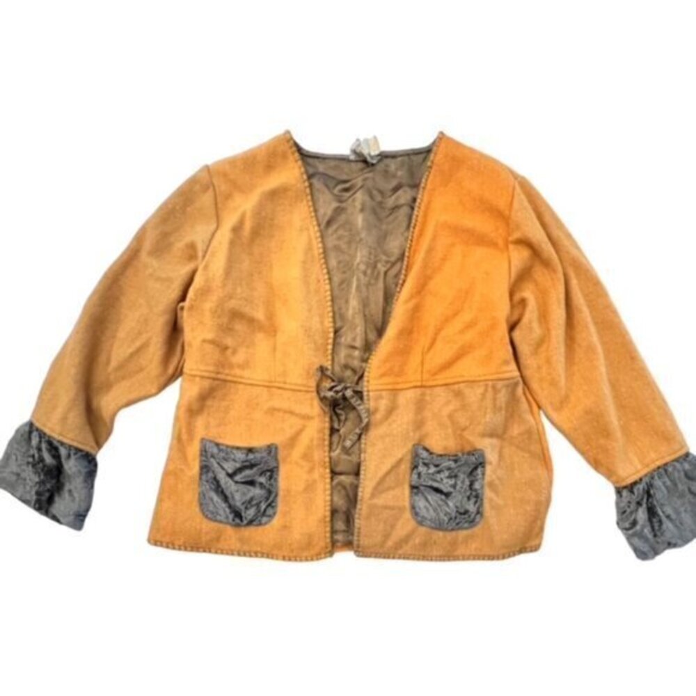 April Cornell Vintage Wool Boho Jacket Velvet Ruffles Sleeves Size Medium Tan‎